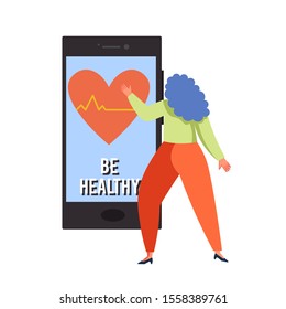 Woman touching red heart with pulse on smartphone screen, vector flat illustration isolated on white background. Medical app, online medicine, telemedicine, mobile healthcare concept.