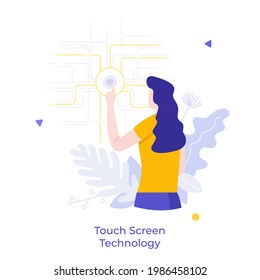 Woman touching screen or display with finger. Concept of hi tech touchscreen interface, smart innovative digital technology, user experience. Modern flat colorful vector illustration for banner,poster