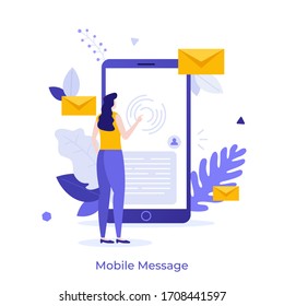 Woman touching screen of giant smartphone. Concept of sending and receiving mobile messages, instant messaging, internet messenger, online chat, digital communication. Creative flat vector illustratio