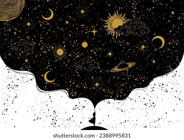 Vetor de Hand drawn set of golden mystical Sun, moon, woman hand, diamond,  star, eye in line art. Spiritual celestial space. Magic collection, galaxy  talisman. Vector illustration do Stock