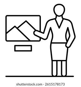 Woman tour guide thin line icon, exhibition picture concept. Vector graphics. Guide tell art history sign on white background, linear style for mobile or design