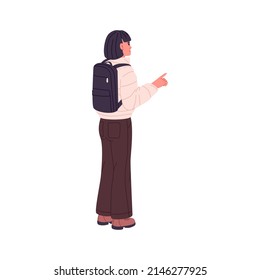 Woman tourist with backpack, pointing at smth with index finger. Backpacker traveler showing something with forefinger. Person in travel outfit. Flat vector illustration isolated on white background