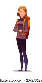 Woman tourist backpacker. Girl with backpack on his back. Cheerful person. Standing pose. Cartoon comic style flat design. Single character. Illustration isolated on white background. Vector