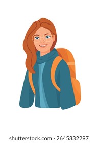 Woman tourist with bag, Forest travel, Camping. Flat vector clipart, illustration with isolated background.