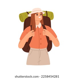 Woman tourist with big bag, backpack. Female traveler hiker travels with camping rucksack and mat. Happy girl backpacker ready for adventure. Flat vector illustration isolated on white background.