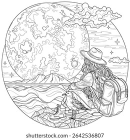 Woman tourist by the sea looking at the full moon in a round frame .Coloring book antistress for children and adults. Illustration isolated on white background.Zen-tangle style. Hand draw