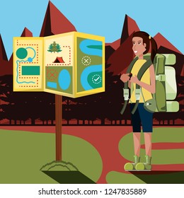 woman tourist in camping zone and map