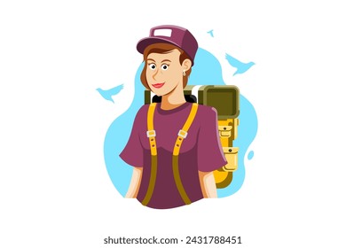 Woman tourist carrying a backpack on isolated background, Vector illustration.