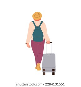 Woman tourist cartoon character walking with suitcase luggage view from back, travel concept