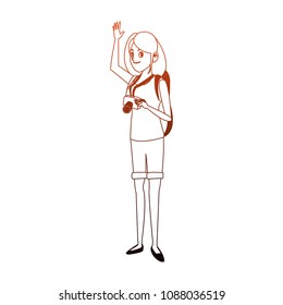 Woman tourist cartoon in orange lines