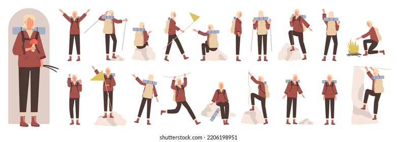 Woman tourist character in different poses set vector illustration. Cartoon female camper with backpack climbing, girl hiking and standing with flag in front, side and back view isolated on white