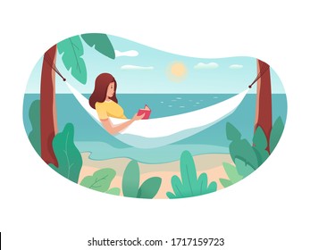 Woman tourist character reading book rest in hammock at seacoast. Tropical resort on summer vacation. Vacation in warm country. Sea line, sand beach, sun, sky, palms. Vector flat cutout illustration
