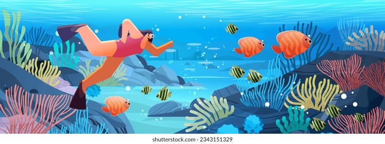 woman tourist in diving mask swimming in sea or ocean and watching marine fauna with fish and coral reef