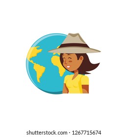 woman tourist with hat and world planet