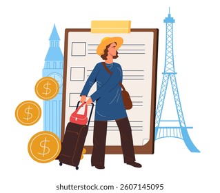 Woman tourist holding luggage, standing in front of travel checklist with famous landmarks and coins, flat style on white background. Concept of travel budget. Vector illustration