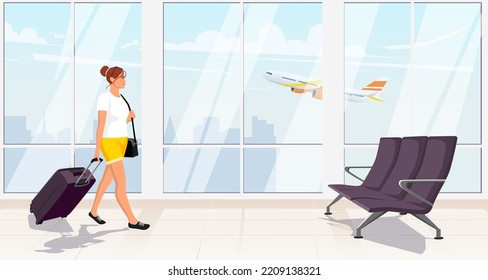 Woman tourist inside interior of airport terminal banner. Lady passenger with black big suitcase waiting departure in lounge hall poster. Aircraft, airplane flies outside window. Vector illustration