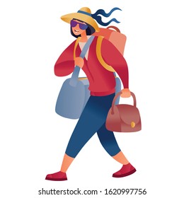 woman tourist loaded with a backpack and bags goes somewhere in a hat and a red sweater, isolated object on a white background,