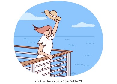 Woman tourist on cruise liner stands near side and waves hand rejoicing at summer travel across ocean. Happy girl rejoices in freedom and opportunity to travel on sea yachts between tropical islands