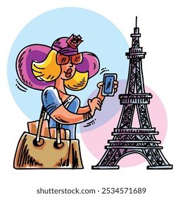 Turista mulher com telefone perto da torre eiffel. Desenho, ilustração vetorial, eps