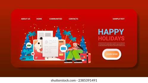 woman tourist in santa hat track and manage travel expenses businesswoman going to business trip traveling
