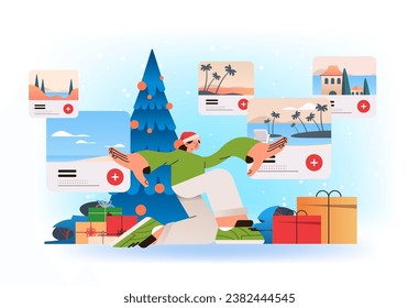 woman tourist in santa hat use augmented or virtual reality exploring destination headset technology innovation happy new year concept