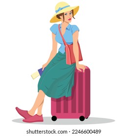 woman tourist sitting on a travel suitcase and holding passport and tickets in hand. wearing hat.