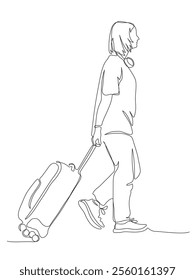 Woman tourist with suitcase and headset on neck walking. Side view. Continuous line drawing. Black and white vector illustration in line art style.