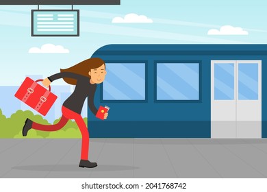 Woman Tourist with Suitcase and Passport Running Along Railway Platform Vector Illustration