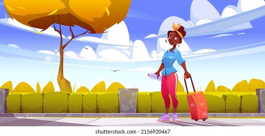 Woman tourist with suitcase walk on street with shrub hedge. Vector cartoon illustration of travel, vacation, road trip concept with autumn landscape and happy girl with luggage