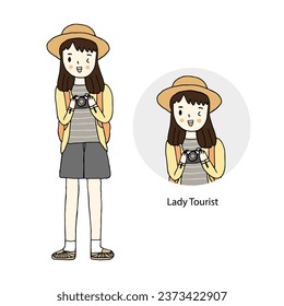 Woman tourist take a picture, hand drawn style vector illustration