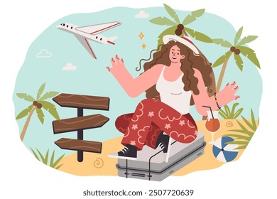 Woman tourist travels to exotic islands with palm trees, sits on suitcase with luggage near flying plane. Girl travels around world and exotic beaches, enjoying summer weather and diversity of planet