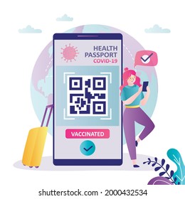 Woman tourist uses health passport with qr code to travel. Covid-19 vaccination certificate on smartphone screen. Status vaccinated on mobile app. Prevention and epidemic concept. Vector illustration