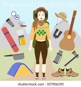 Woman tourist. Vector Set of Hiking to Mountain Element. Eco tourism, flat design. 
