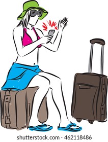 woman tourist waiting flight delayed illustration