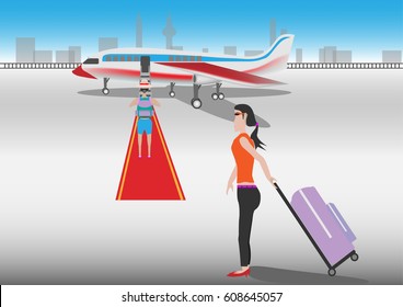 Woman tourist walking to a plane for travel and summer trip
