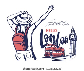 Woman tourist waving her hand to London. Travel theme sketch with sights. Illustration for prints on t-shirts bags, posters, cards