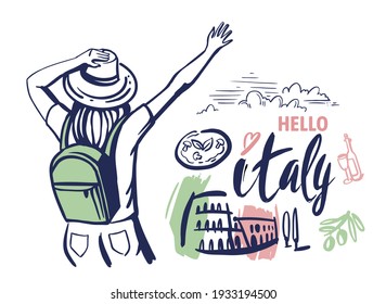 Woman tourist waving her hand to Italy. Travel theme sketch with sights. Illustration for prints on t-shirts bags, posters, cards