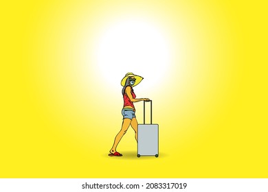 A woman tourist wearing sunglasses  hat   facemask and her luggage bag for the concept safe travelling  Hand drawn vector illustration 