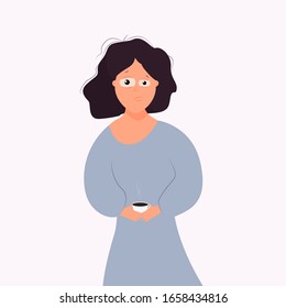 Woman with tousled hair in nightwear with a sleepy look holds a cup with a hot drink in her hands. The concept of insomnia, trouble sleeping, severe awakening. Morning coffee. Flat cartoon style