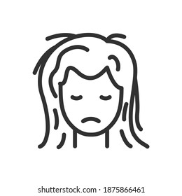 woman with tousled hair and a sad face, linear icon. Editable stroke