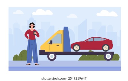 Woman with tow car. Young girl near truck with red automobile. Transport and vehicle. Bad parking and accident at road. Flat vector illustration isolated on white background