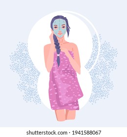 Woman in a towel after a shower, with a cosmetic mask on her face. Facial skin care. Love for your body, cosmetic procedure at home Vector flat illustration