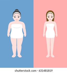 Woman in towel in chubby and slim shape, Before and after weigh loss graphic info, flat design vector for fitness and health care  business