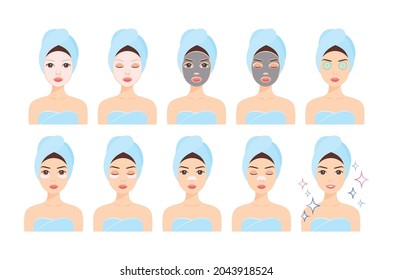 Woman in Towel Do a Beauty Procedure for Face. Spa day. Sheet and Clay Mask, Patches for Nose, Eyes. Female Character are Smiling, Sleeping with Cosmetic. Healthy Clean Skin. White background. Vector