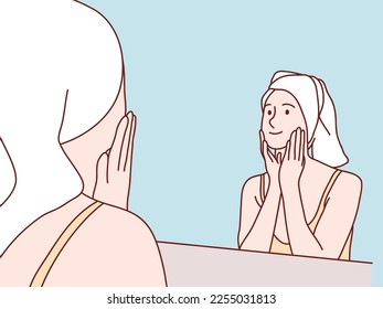 Woman towel on head bathroom looking touch face in mirror simple korean style illustration