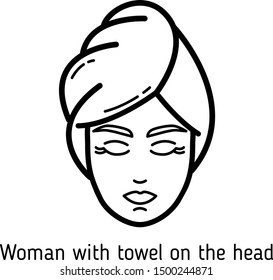 Woman with towel on the head line icon. Hair care routine. Salon procedure Use for online shop, beauty salon, spa or blogger, hairdresser story highlights. Isolated on white background.