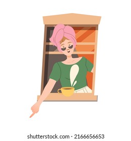 Woman with Towel on Head in Open Window Pointing Finger Vector Illustration