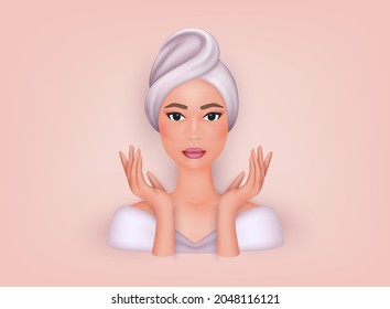 Woman with a towel on the head. Spa and skin care concept. 3D Web Vector Illustrations. 