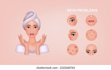 Woman with a towel on the head. Spa and skin care concept. Skin problems solution, home remedies. Skincare and dermatology concept. 3D Web Vector Illustrations.