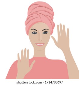 Woman with a towel on her head - personal hygiene - vector. Mental health Quarantine. Health care. Beauty fashion.